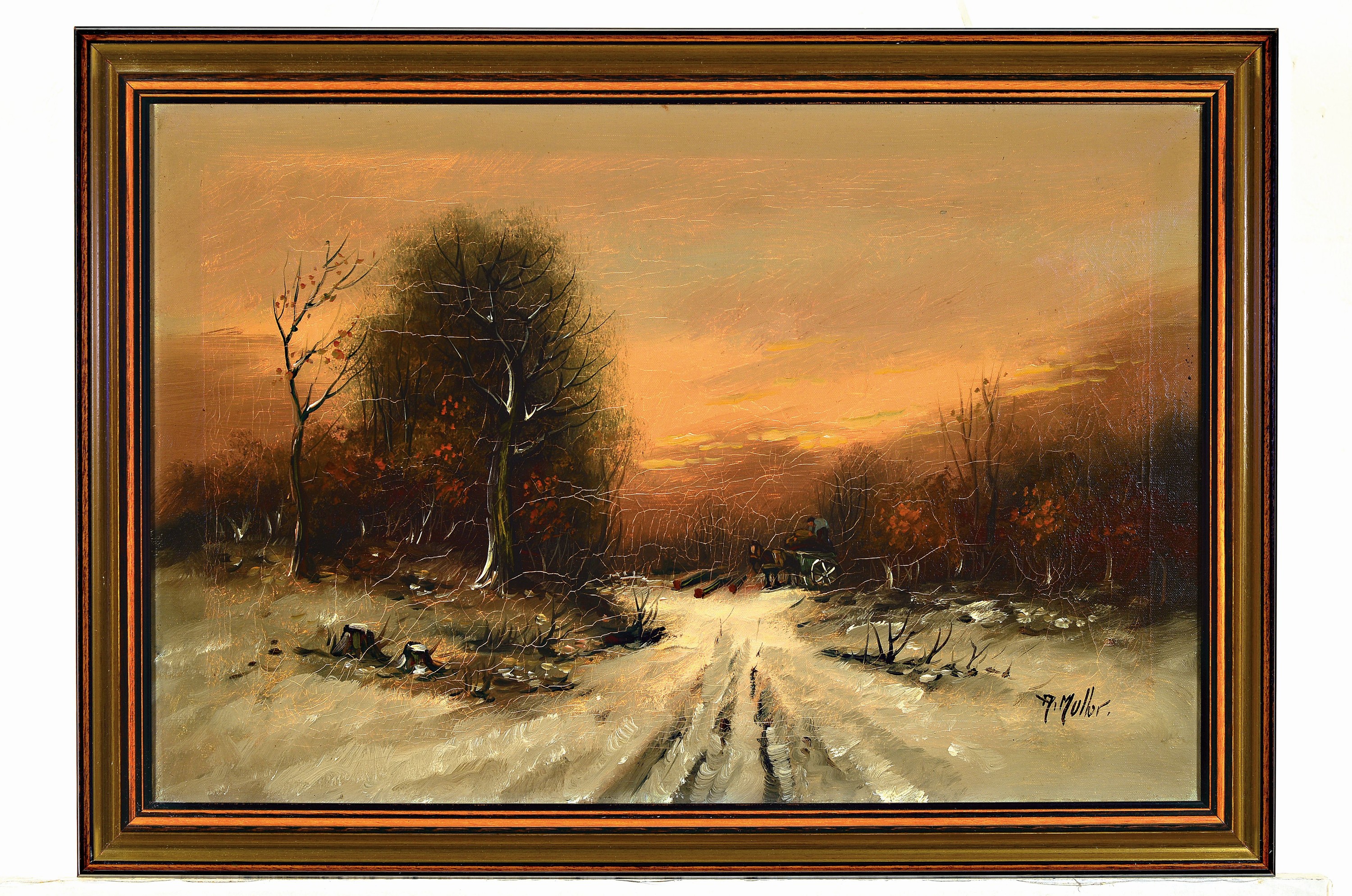 Detail k: A. Muller, wohl belgischer Maler, um 1900, Sonnenaufgang über verschneitem Winterwald, Öl/LWd, rechts unten signiert, ca. 40x60cm, R. ca. 48x68cm