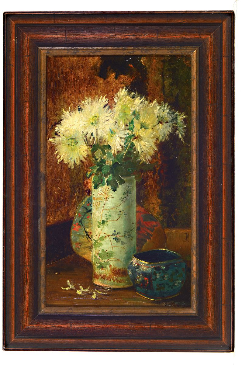 Detail k: Jean Etienne Johanny Maisiat, 1824 Lyon-1910, Stillleben mit Blumen und asiatischen Gefäßen, Öl/Holz, rechts unten monogrammiert JM, ca. 38x22cm, ...