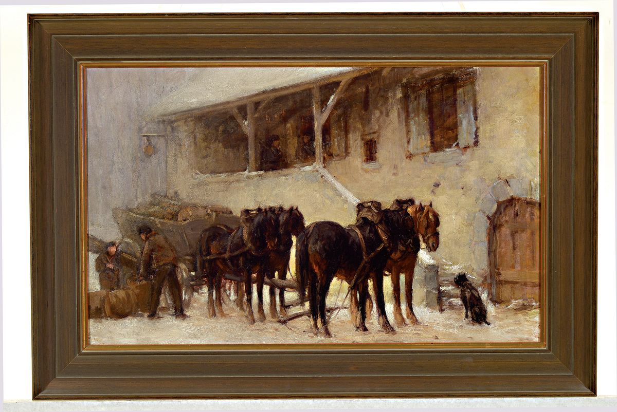 Detail k: Unbekannter Künstler, deutsch, um 1900, Pferde vor dem Stall im verschneiten Hof, Männer beladen den Wagen, Öl/Lwd, unsign., ca. 35x58cm, R. ca. ...
