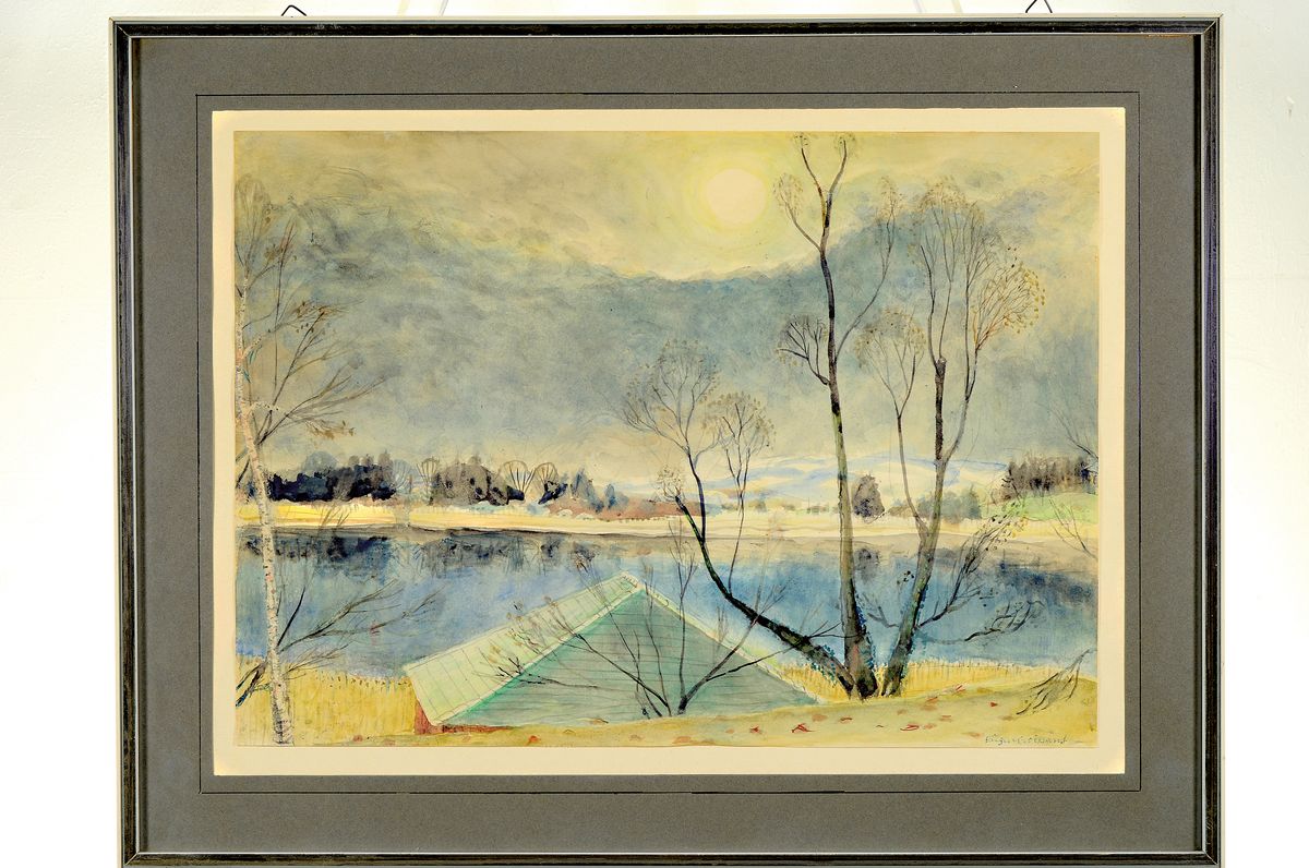 Detail k: Eugen Croissant, 1898 Landau-1976 Breitbrunn, Landschaft am Chiemsee, Aquarell auf Papier, rechts unten signiert, ca. 37x52cm, PP, u. Gl., R. ca. ...
