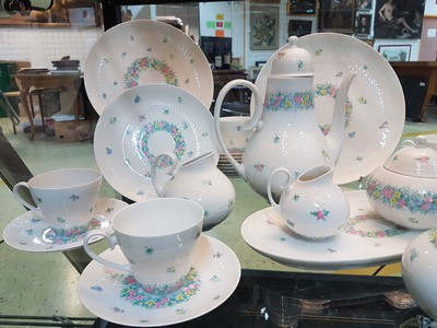26667099a - Coffee service, Rosenthal, designed by Björn Wiinblad, form Romance with colorful floral decoration, coffee pot, sugar bowl, milk jug, cream jug, 11 cups, 12 saucers, 12 cake plates, 2 round plates, 2 round bowls, king cake plate, candlestick, vase, traces of usage