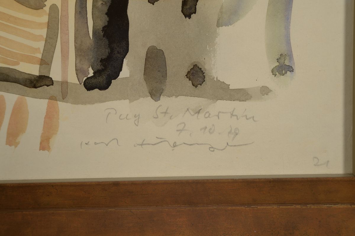 Detail a: Karl Hufnagel, 1906 Harthausen-1995 Speyer, Aquarell, Blick über St. Martin/Pfalz, signiert und datiert 1979, unter glas gerahmt,60x70 cm; Studium ...