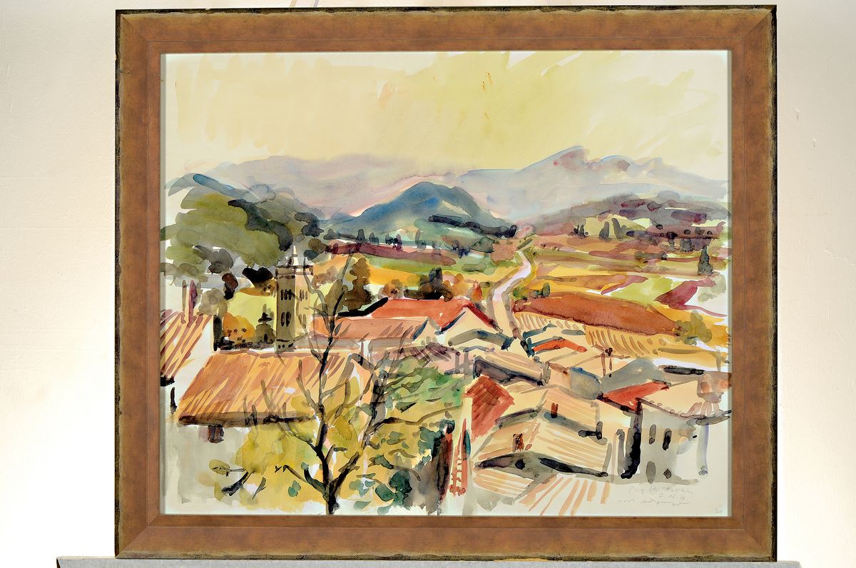Detail k: Karl Hufnagel, 1906 Harthausen-1995 Speyer, Aquarell, Blick über St. Martin/Pfalz, signiert und datiert 1979, unter glas gerahmt,60x70 cm; Studium ...