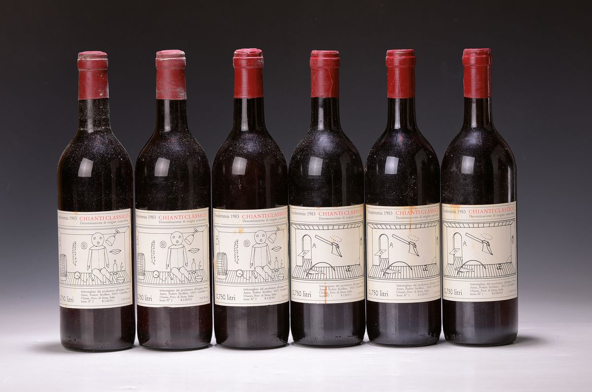 Horst Antes (geb. 1936): 6 Flaschen 1983 Chianti Classico mit Künstleretiketten, vom künstlereigenen Weingut Podere Sicellino in Chianti, je ca. ...