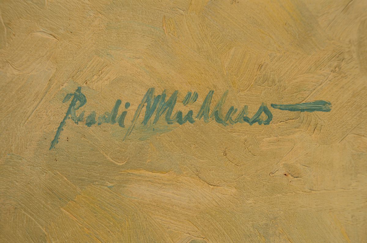 Detail a: Rudi Müllers, 1895 München - 1972 Heidelberg, Blumenstillleben, rechts oben signiert, Öl/Lwd, Reinigung empfohlen, Rahmen 106x97 cm; Studium an ...