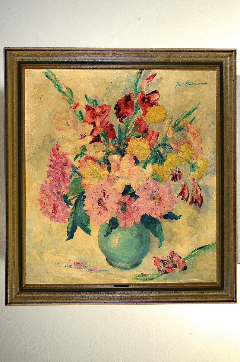 Detail k: Rudi Müllers, 1895 München - 1972 Heidelberg, Blumenstillleben, rechts oben signiert, Öl/Lwd, Reinigung empfohlen, Rahmen 106x97 cm; Studium an ...