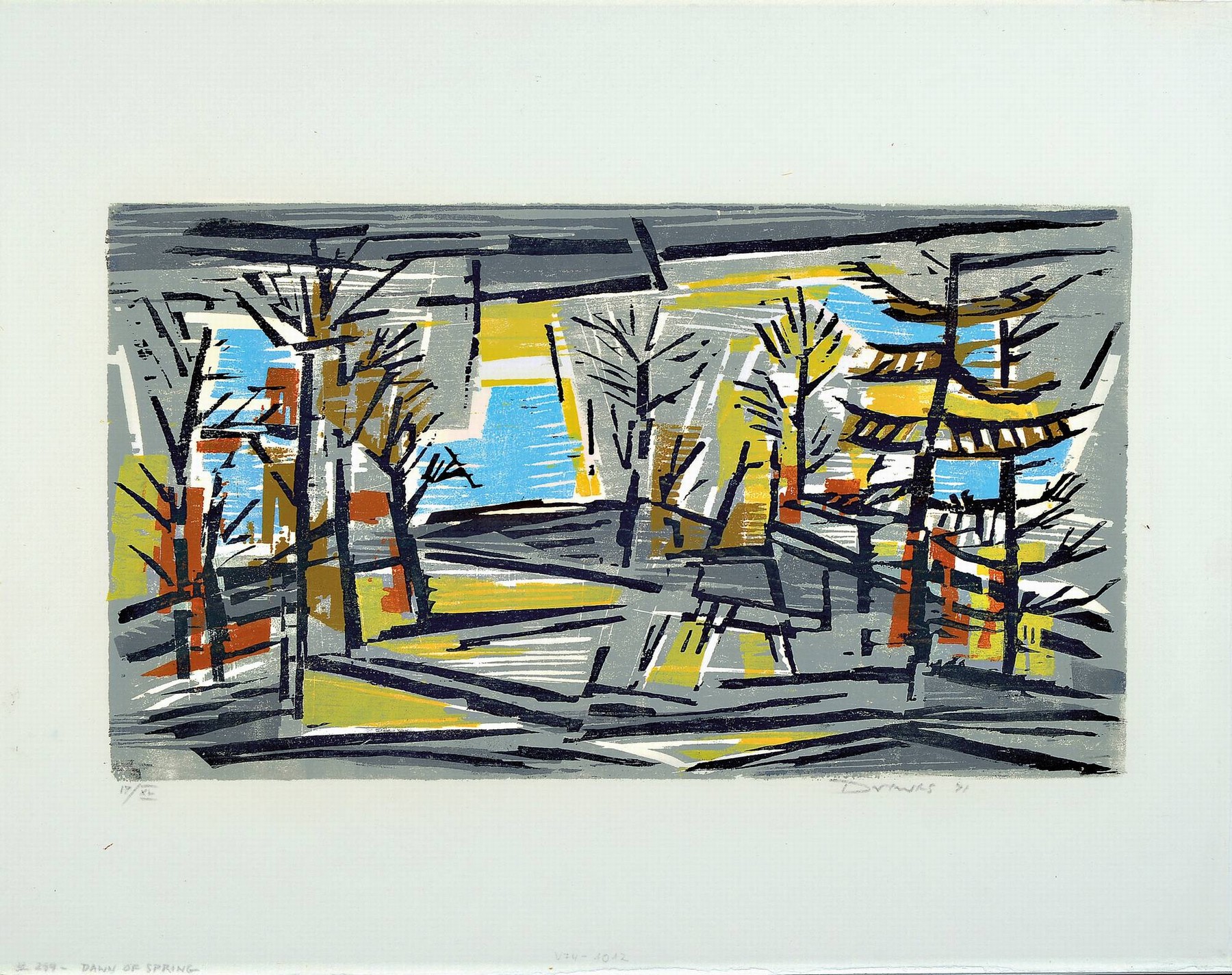 Werner Drewes, 1899-1985, Farbholzschnitt auf Bütten, "Dawn of Spring", 1971, Ed. XL, signiert und datiert 71, l. beschmutzt, Blatt 48x61 ...