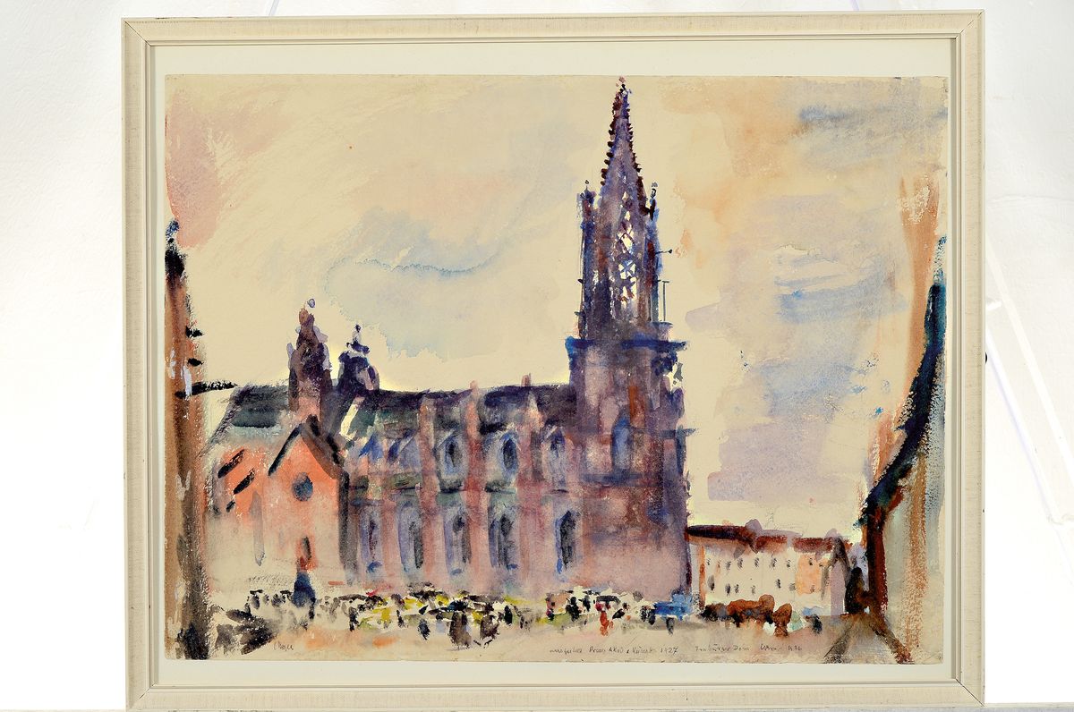 Detail k: Christian Beyer, 1883-1967, Aquarell, "Freiburger Dom" so betitelt, 1926, signiert und datiert, bezeichnet" ausgestellt Preuß. ...