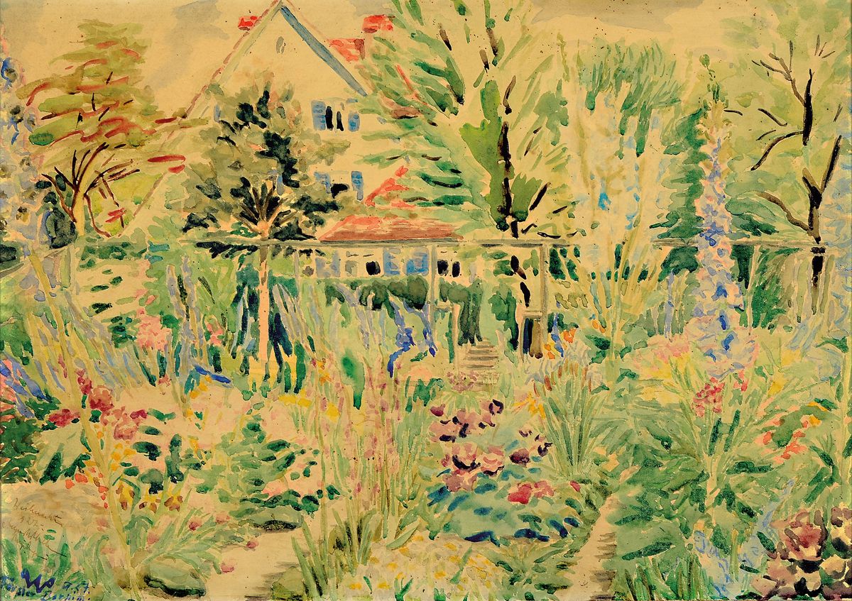 Forster Barnim, 20.Jh., Aquarell, wilde Gartenlandschaft, signiert und datiert 1927, l gebräunt, Blatt 35x50 cm, unter Glas gerahmt 45x55 cm.