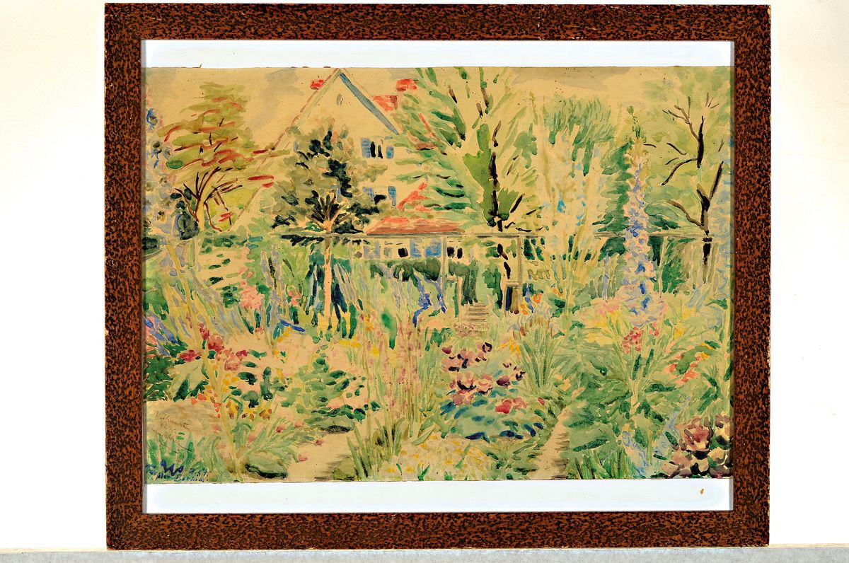 Detail k: Forster Barnim, 20.Jh., Aquarell, wilde Gartenlandschaft, signiert und datiert 1927, l gebräunt, Blatt 35x50 cm, unter Glas gerahmt 45x55 cm.