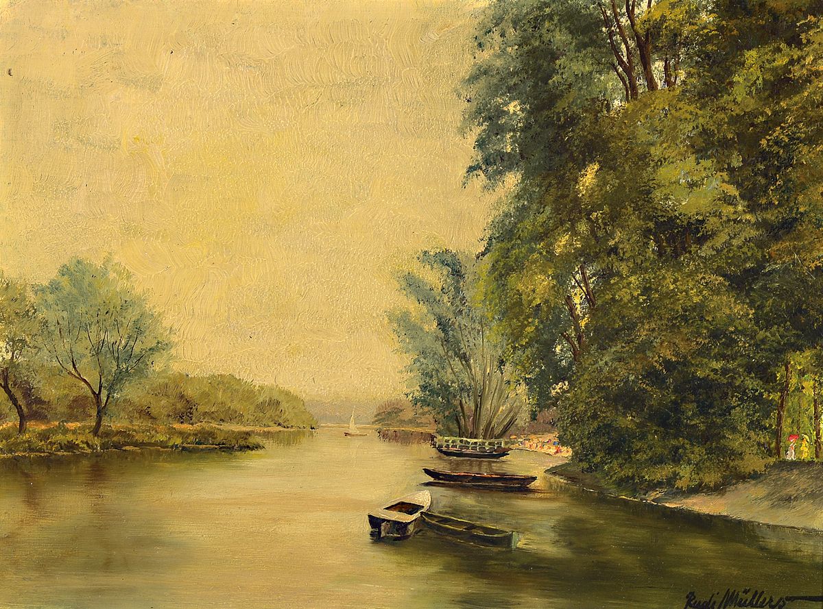 Rudi Müllers, 1895 München - 1972 Heidelberg, Flusslandschaft, rechts unten signiert, Öl/Malpappe, Reinigung empfohlen, Rahmen 30x40/47x57 cm; ...