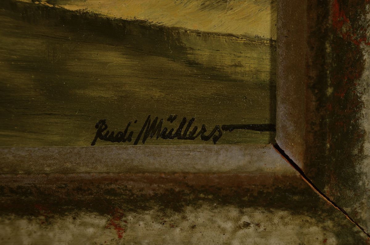 Detail a: Rudi Müllers, 1895 München - 1972 Heidelberg, Flusslandschaft, rechts unten signiert, Öl/Malpappe, Reinigung empfohlen, Rahmen 30x40/47x57 cm; ...
