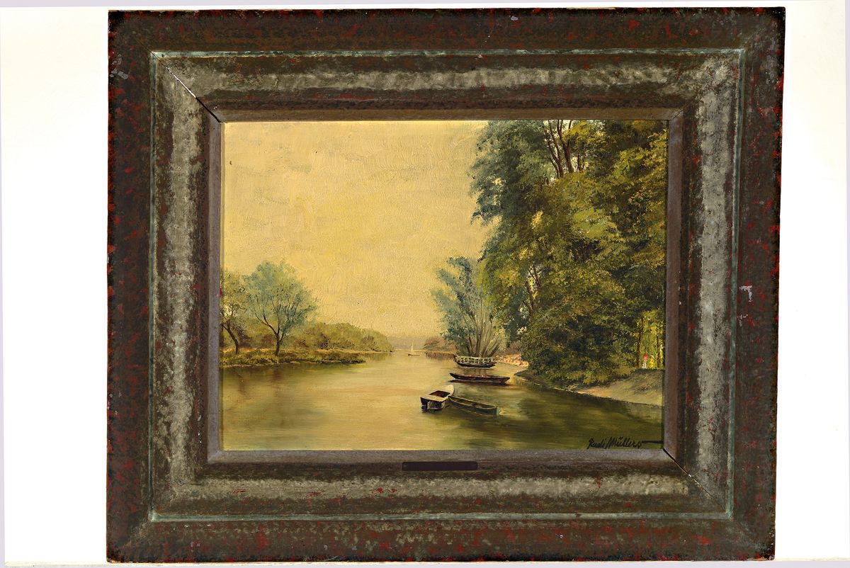 Detail k: Rudi Müllers, 1895 München - 1972 Heidelberg, Flusslandschaft, rechts unten signiert, Öl/Malpappe, Reinigung empfohlen, Rahmen 30x40/47x57 cm; ...