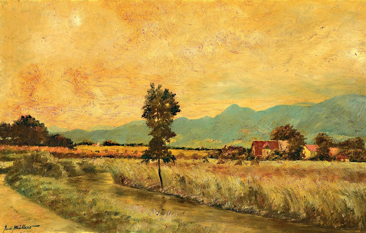 Rudi Müllers, 1895 München - 1972 Heidelberg, Landschaft, auf altem Etikett bez. "An der Ramsach bei Murnau", links unten signiert, ...