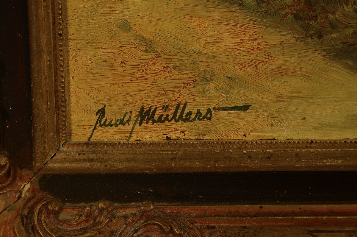 Detail a: Rudi Müllers, 1895 München - 1972 Heidelberg, Landschaft, auf altem Etikett bez. "An der Ramsach bei Murnau", links unten signiert, ...