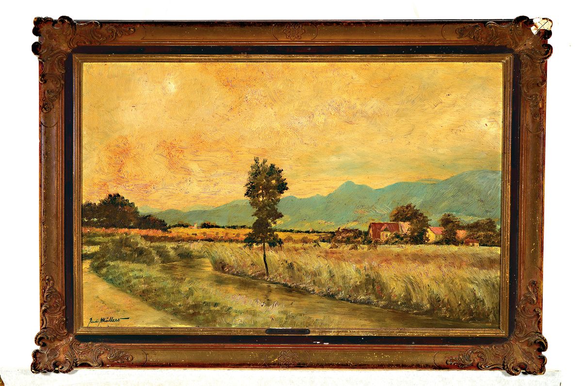 Detail k: Rudi Müllers, 1895 München - 1972 Heidelberg, Landschaft, auf altem Etikett bez. "An der Ramsach bei Murnau", links unten signiert, ...