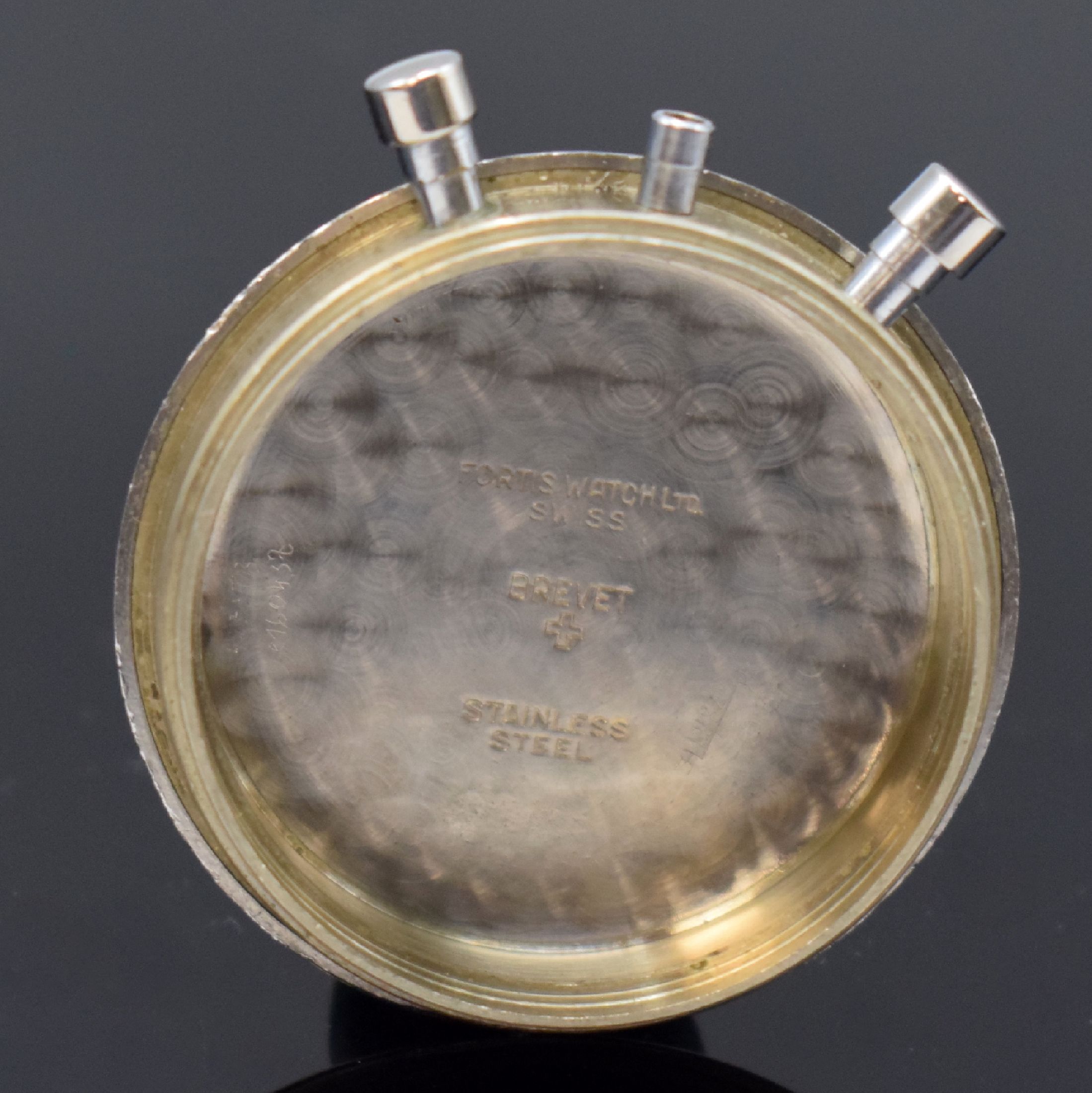 Detail f: FORTIS Valjoux 72 Schaltradchronograph in Stahl, Schweiz um 1950, Handaufzug, unpol. Stülpgeh., silb. Duoton-Zifferbl. fl., gold. Indizes u. Zeiger, ...