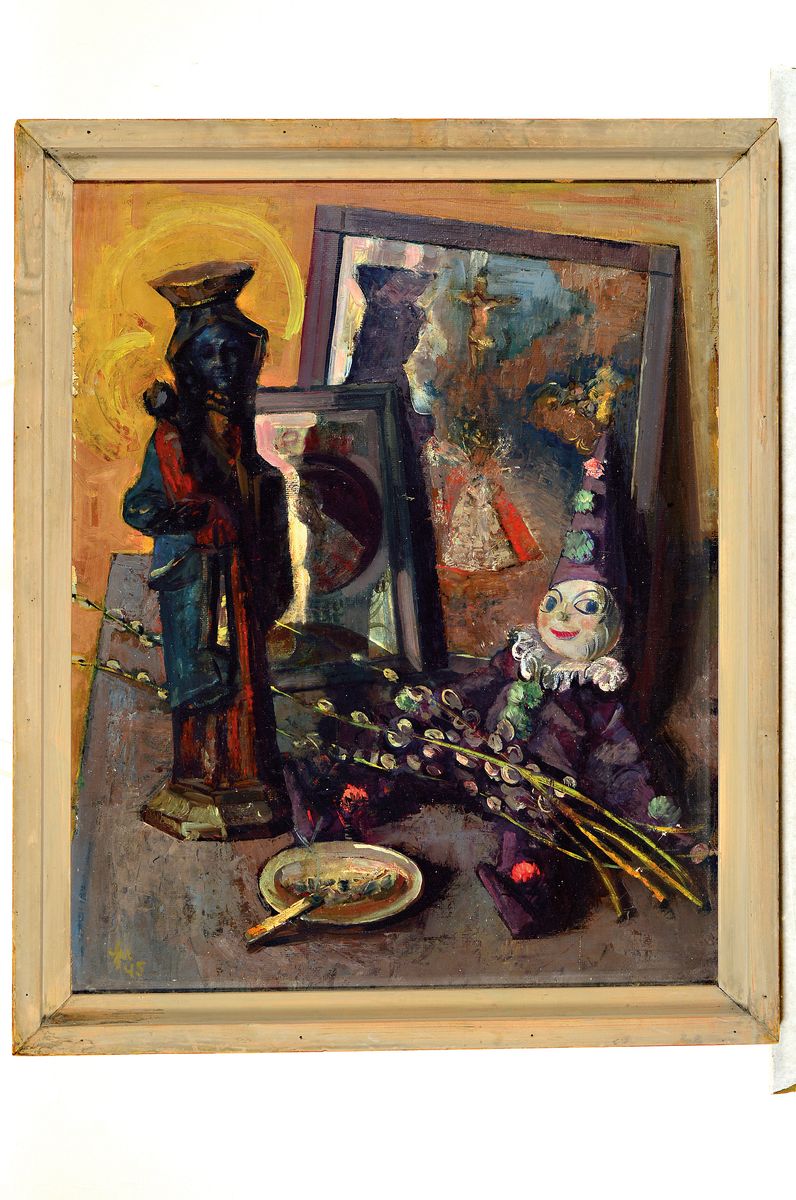 Detail k: Unbekannter Künstler des 20.Jh., Stillleben mit Madonna, Harlekin, qualmender Zigarette und Spiegel, unleserlich signiert und datiert 1945, ...