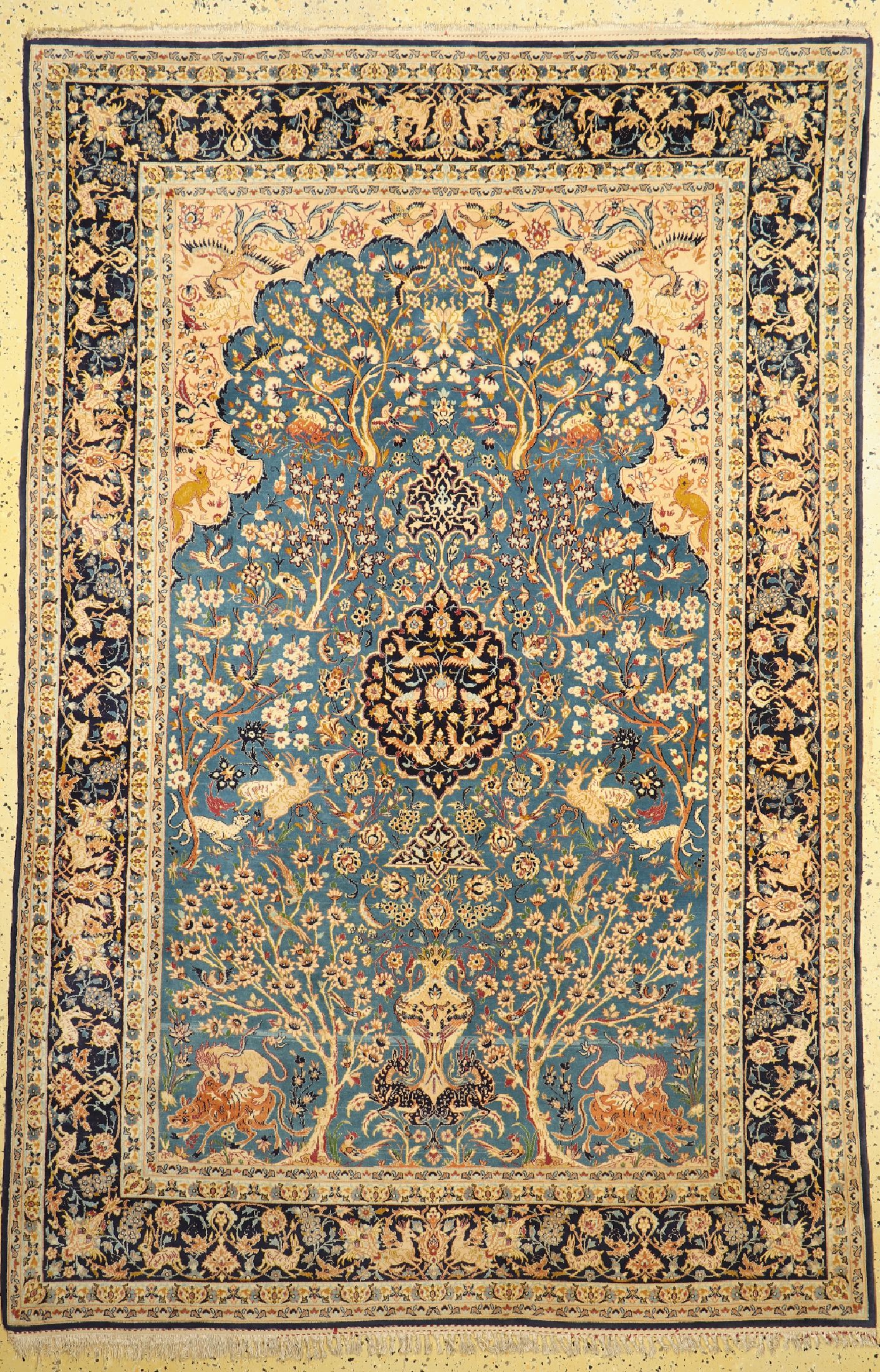 Esfahan fein, Persien, um 1950, Korkwolle mit und auf Seide, ca. 232 x 153 cm, ca. 1,0 Mio. Kn/qm, EHZ: 1-2