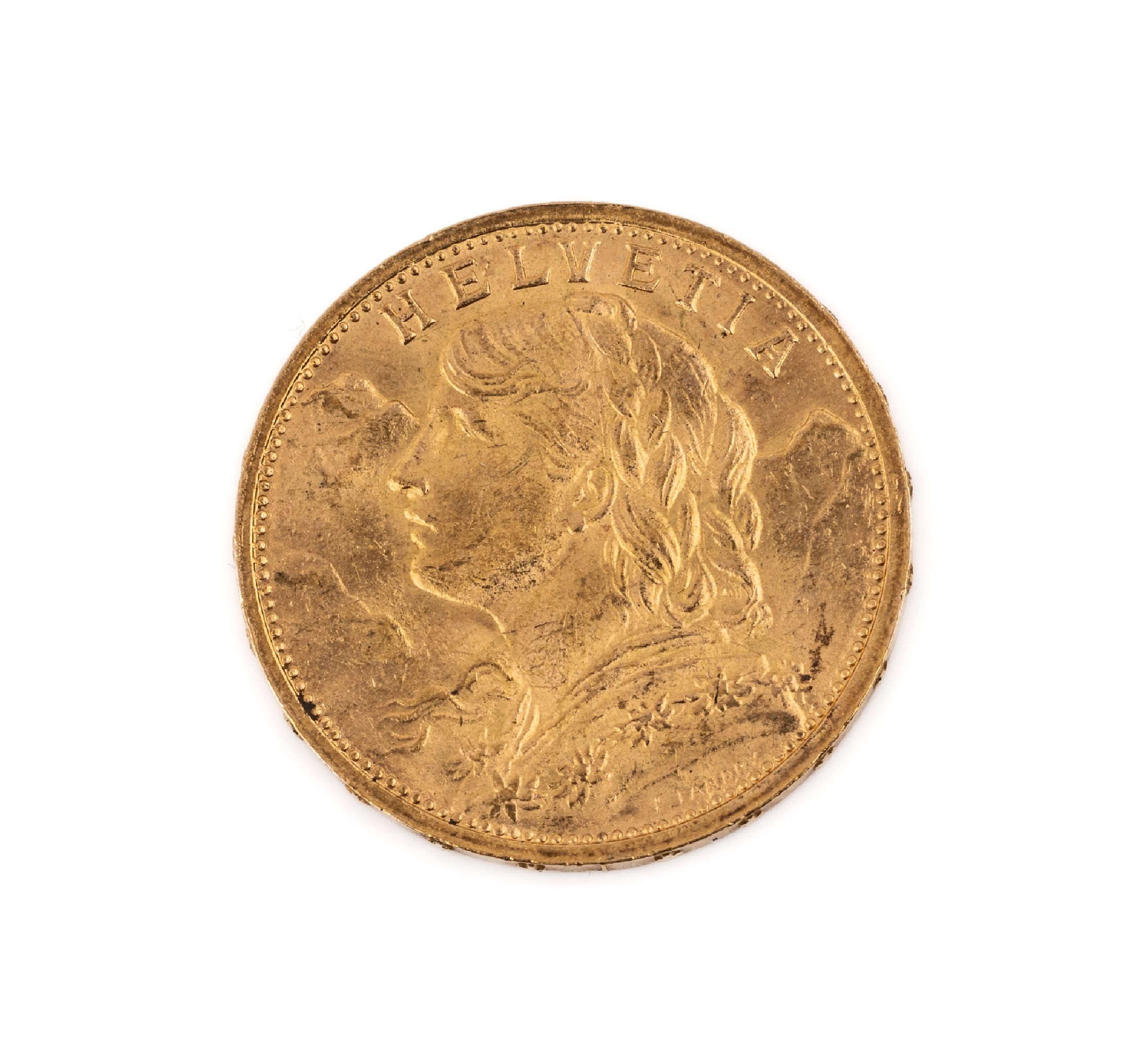 Goldmünze 20 Franken, Schweiz 1909, sogn. Vreneli, Helvetia