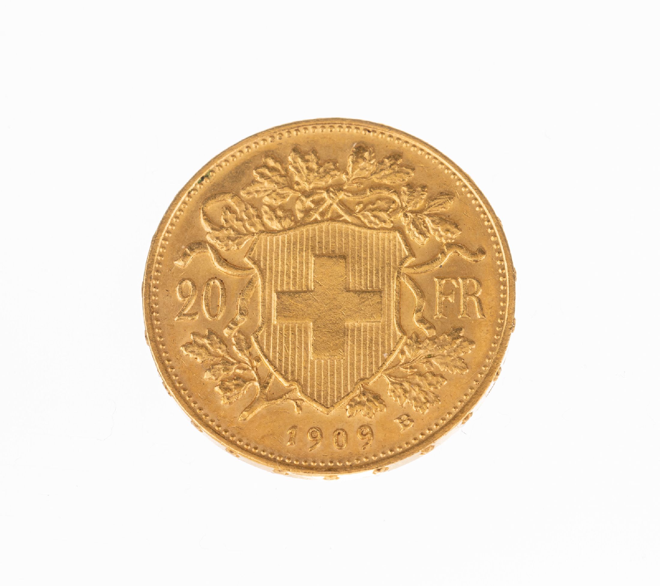 Detail a: Goldmünze 20 Franken, Schweiz 1909, sogn. Vreneli, Helvetia