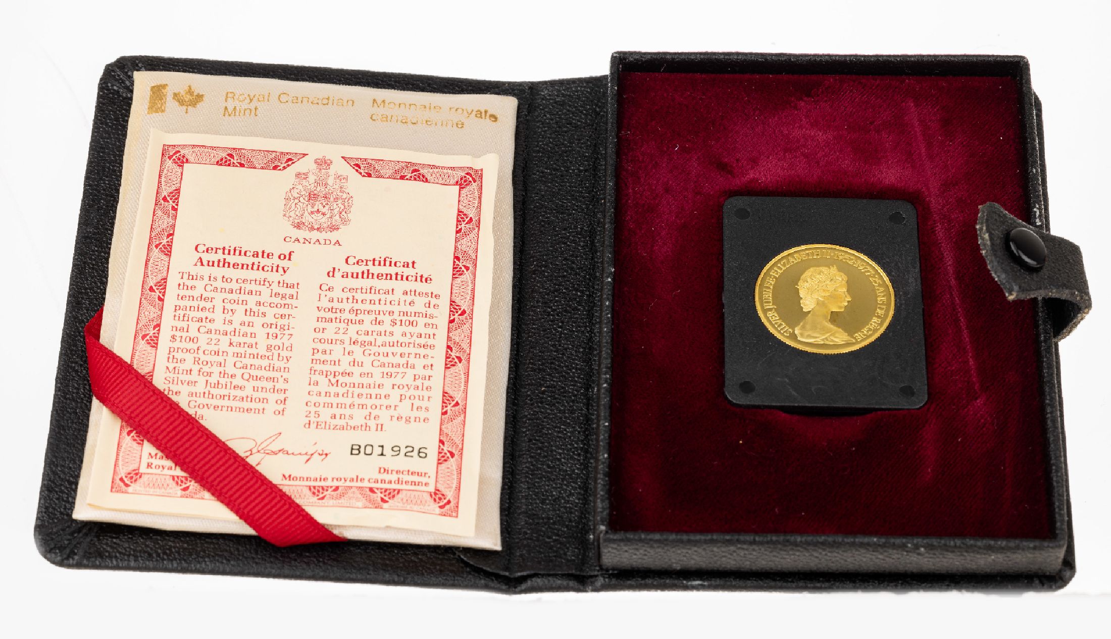 Detail b: Goldmünze 100 Dollar, Kanada 1977, zum 25. jährigen Thronjubiläum Elizabeth II., in orig.Royal Canadian Mint Etui