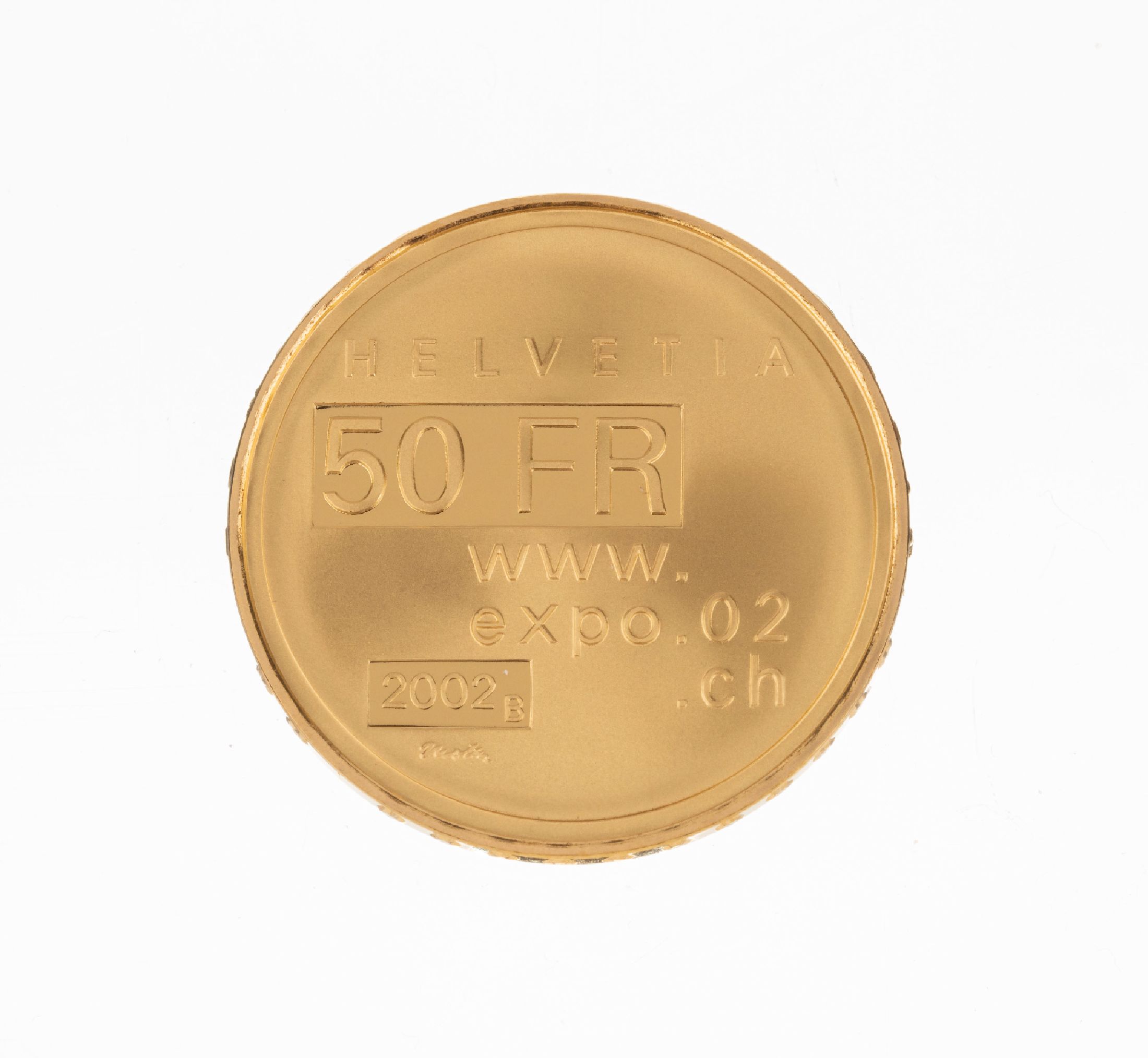 Goldmünze 50 Franken, Schweiz 2002, Expo.02, in orig. Etui, in Münzkapsel