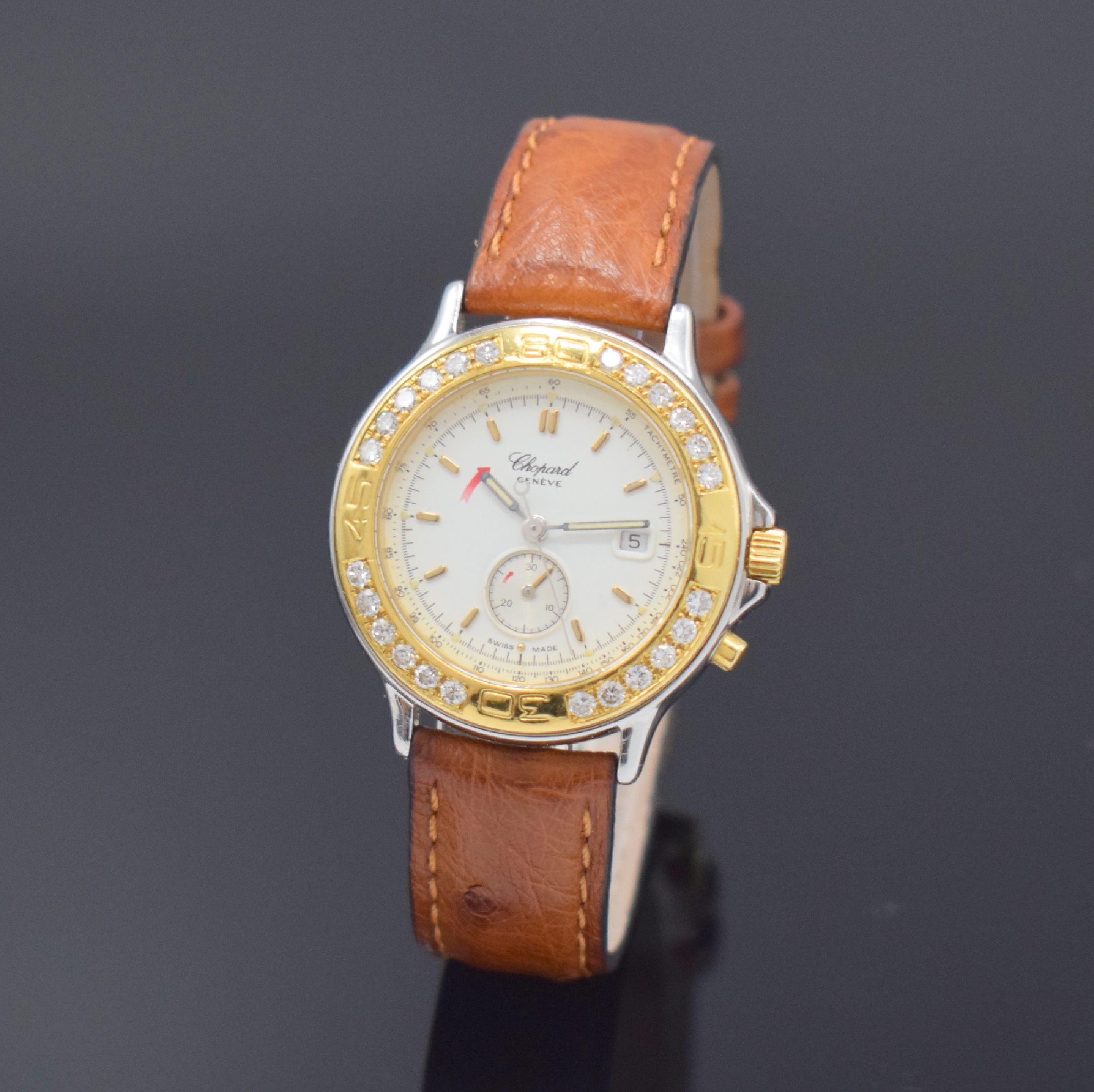 CHOPARD Mille Miglia Damenarmbanduhr mit Chronograph Referenz 8163, Schweiz um 1992, quarz, Gehäuse in Edelstahl u. Gold kombiniert, Lünette ...