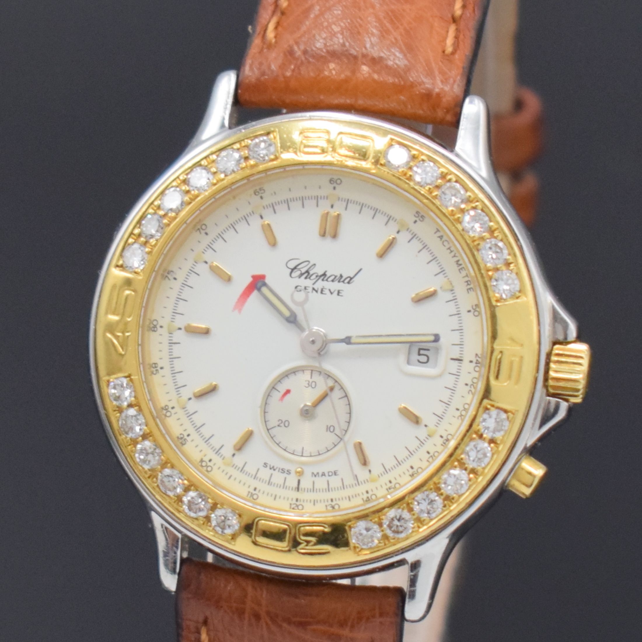 Detail a: CHOPARD Mille Miglia Damenarmbanduhr mit Chronograph Referenz 8163, Schweiz um 1992, quarz, Gehäuse in Edelstahl u. Gold kombiniert, Lünette ...