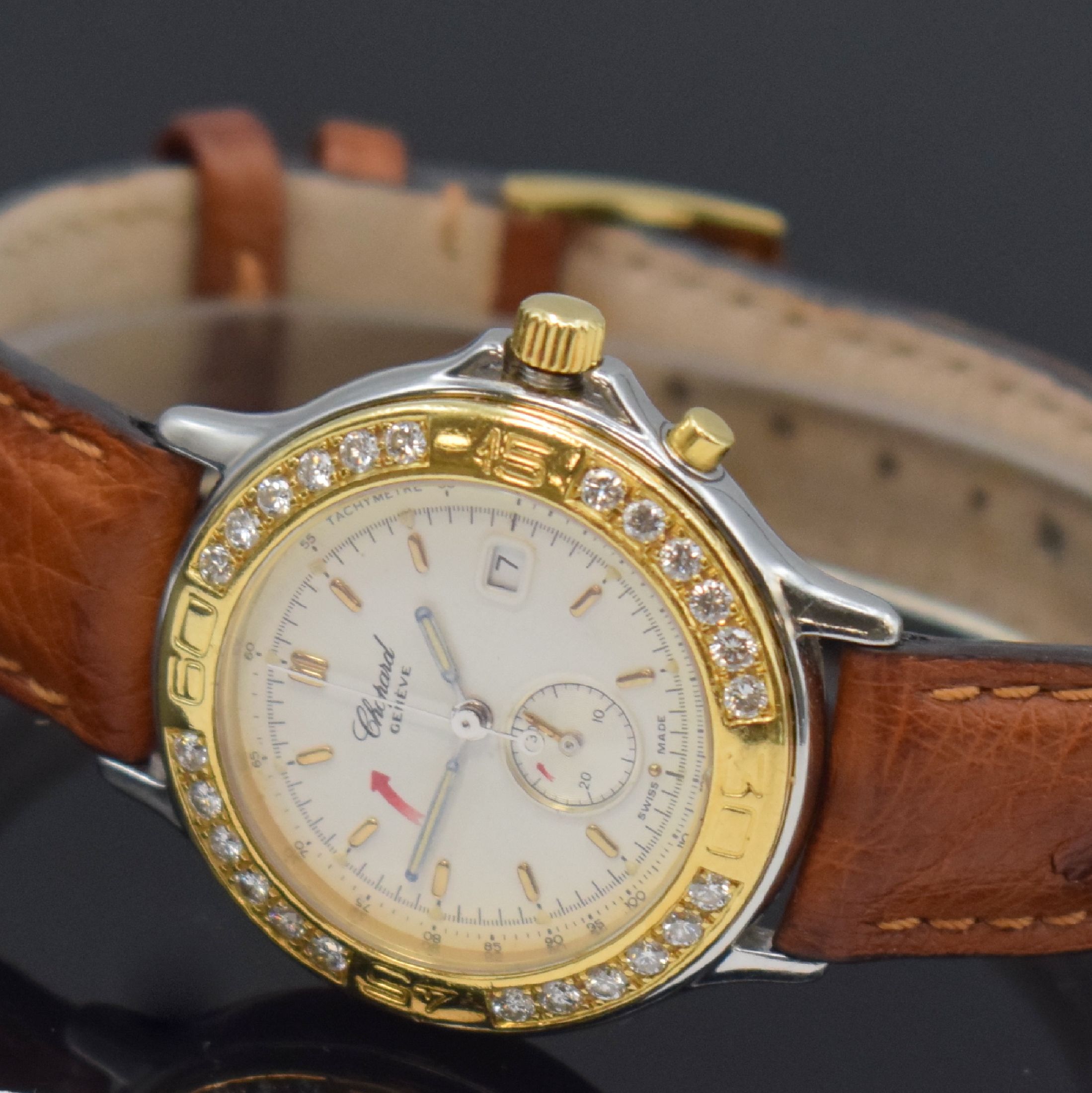 Detail b: CHOPARD Mille Miglia Damenarmbanduhr mit Chronograph Referenz 8163, Schweiz um 1992, quarz, Gehäuse in Edelstahl u. Gold kombiniert, Lünette ...