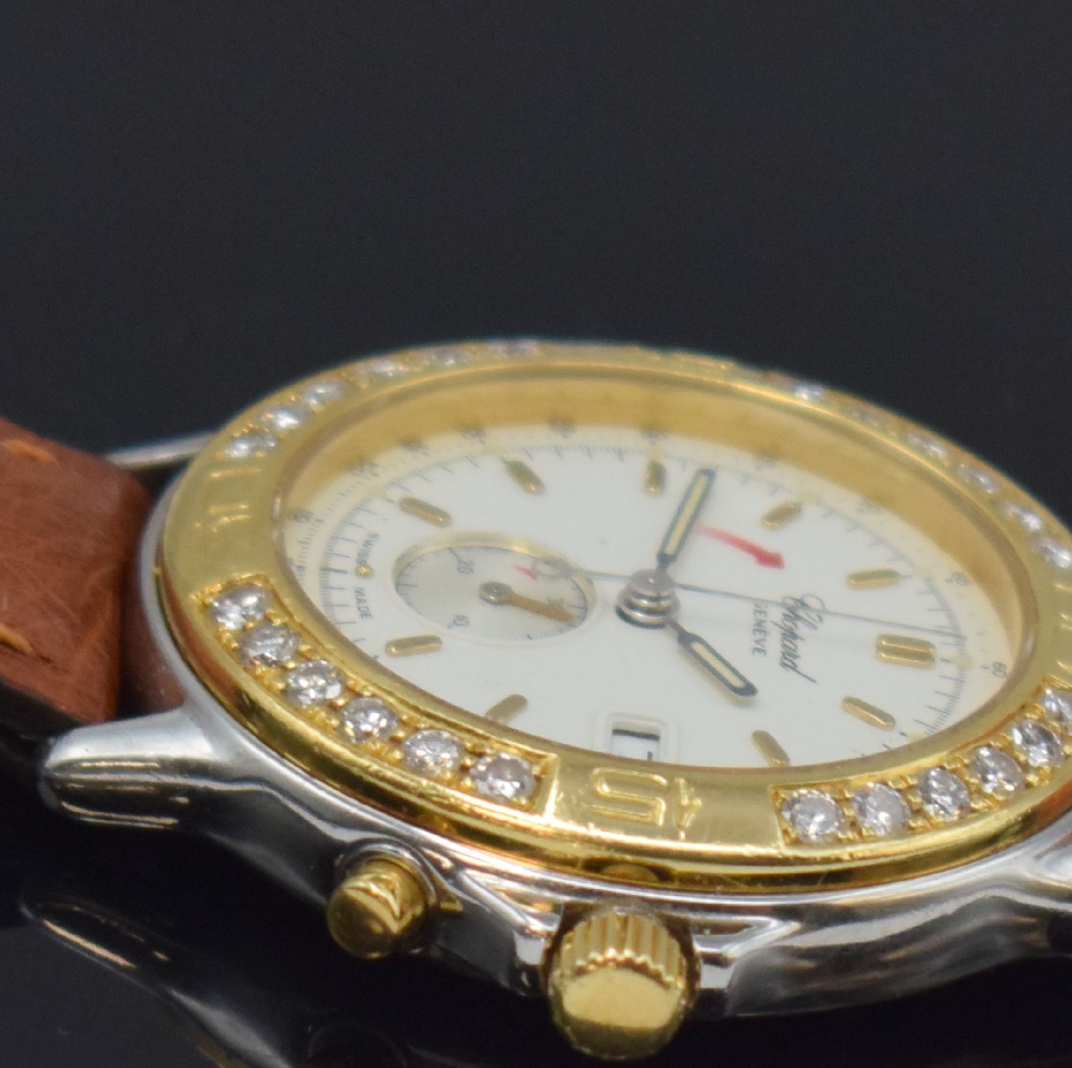 Detail d: CHOPARD Mille Miglia Damenarmbanduhr mit Chronograph Referenz 8163, Schweiz um 1992, quarz, Gehäuse in Edelstahl u. Gold kombiniert, Lünette ...