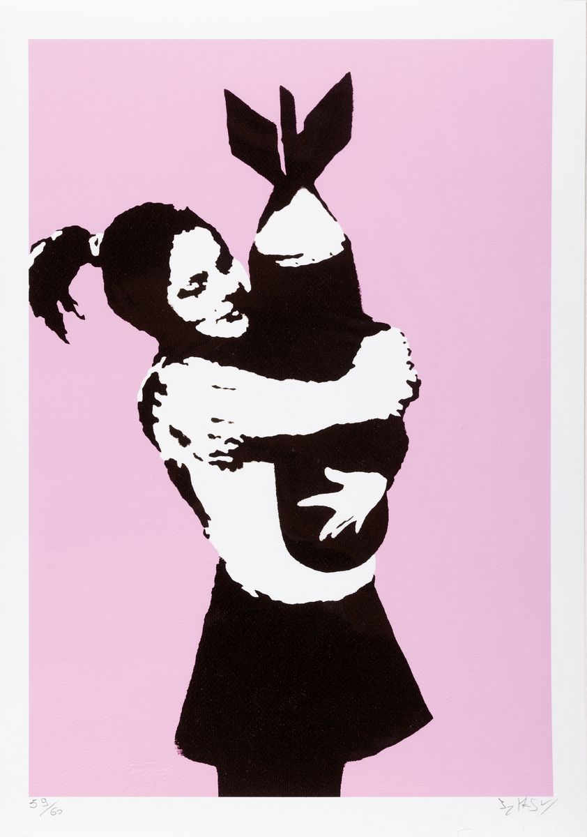 Nach Banksy, Lithographie, "Bomb Love" (2003), Ed. 59/60, signiert und nummeriert, Prägestempel Heavy Weaponry, ungerahmt, 50x35 cm