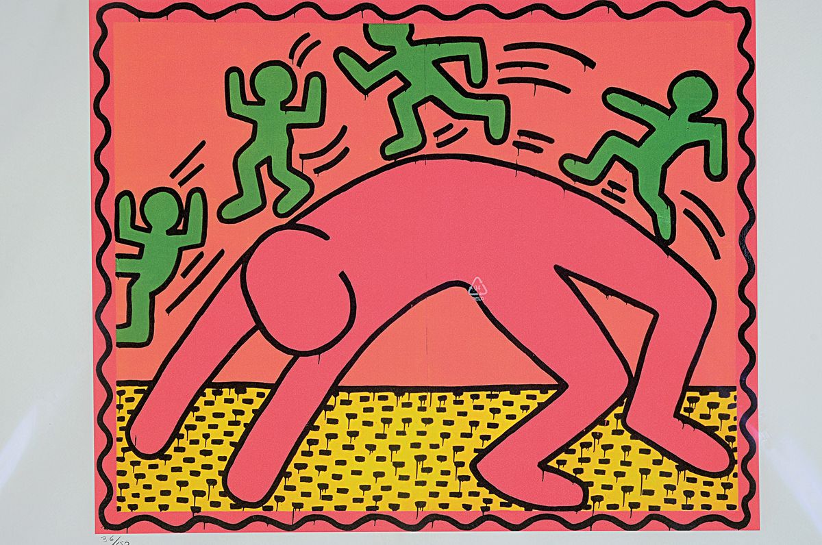 Nach Keith Haring (1958-1990), Lithographie,"On the Shoulders of Giants", Ed. 36/150, hand-nummeriert, Steinsignatur, Prägestempel Keith ...