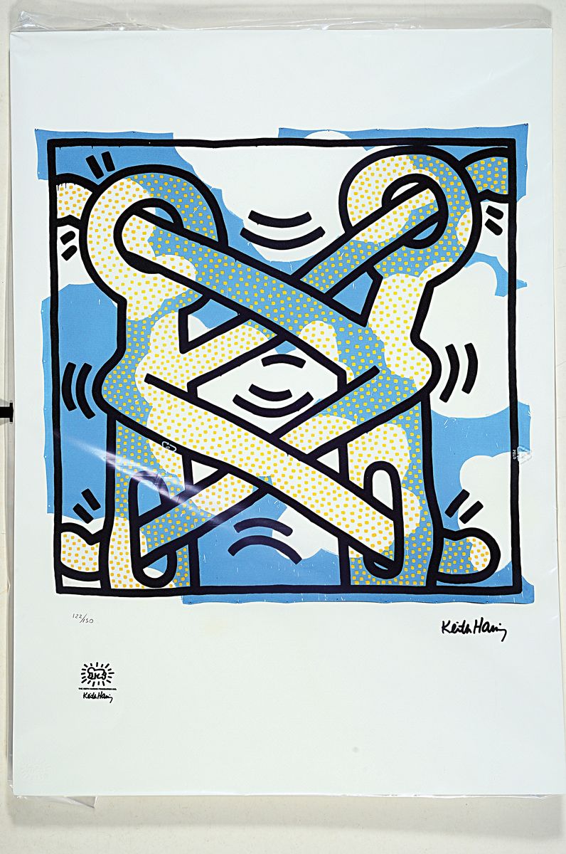 Nach Keith Haring (1958-1990), Lithographie,"Art Attack on AIDS", Ed. 122/150, hand nummeriert, Steinsignatur, Prägestempel Keith Haring ...