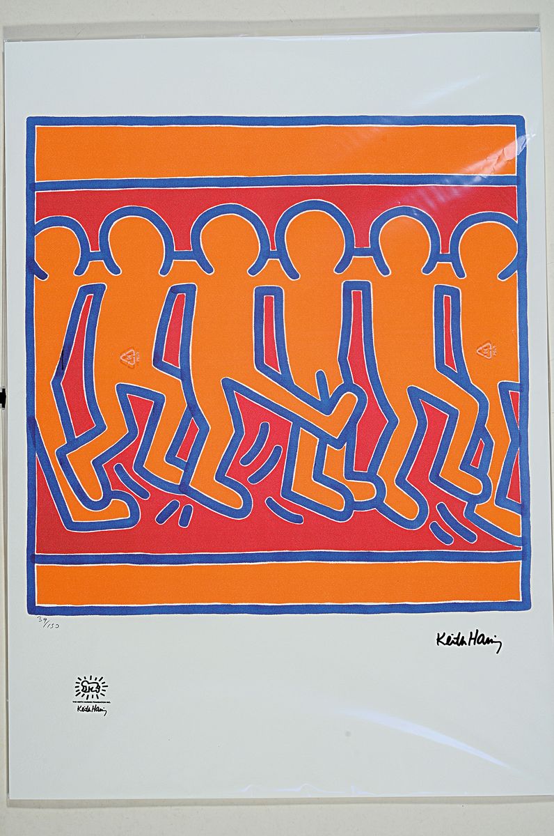 Nach Keith Haring (1958-1990), Lithographie,ohne Titel, tanzende Figurengruppe, Ed. 39/150, handnummeriert, Steinsignatur, Prägestempel Keith Haring ...