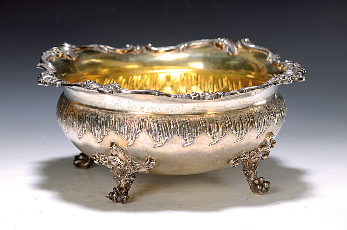 Schüssel, Wilkens, um 1900/10, 800er-Silber, auf vier Krallenfüssen stehend, Barockstil, innen vergoldet, ca. 730 g