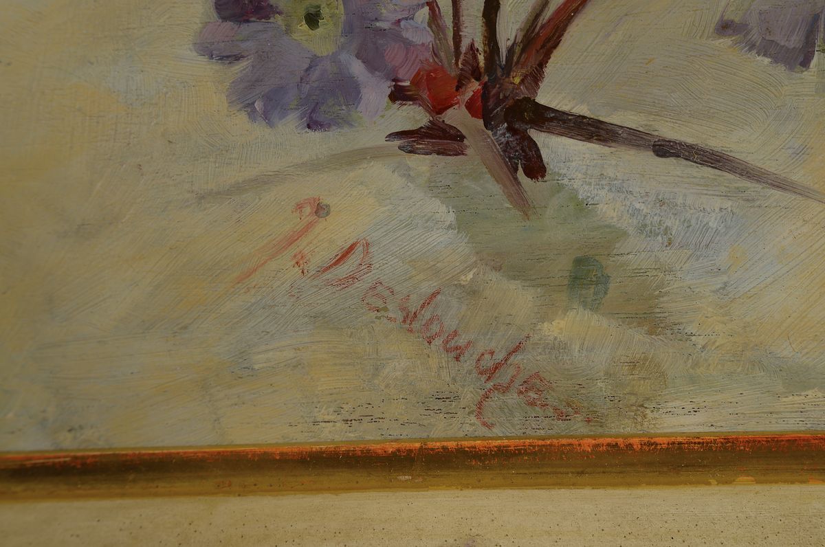 Detail a: Johanna von Destouches, 1869-1956 München, Blumenstillleben, Öl/Holz, signiert,, ca. 20 x32 cm, Rahmen ca. 35 x 47.5 cm