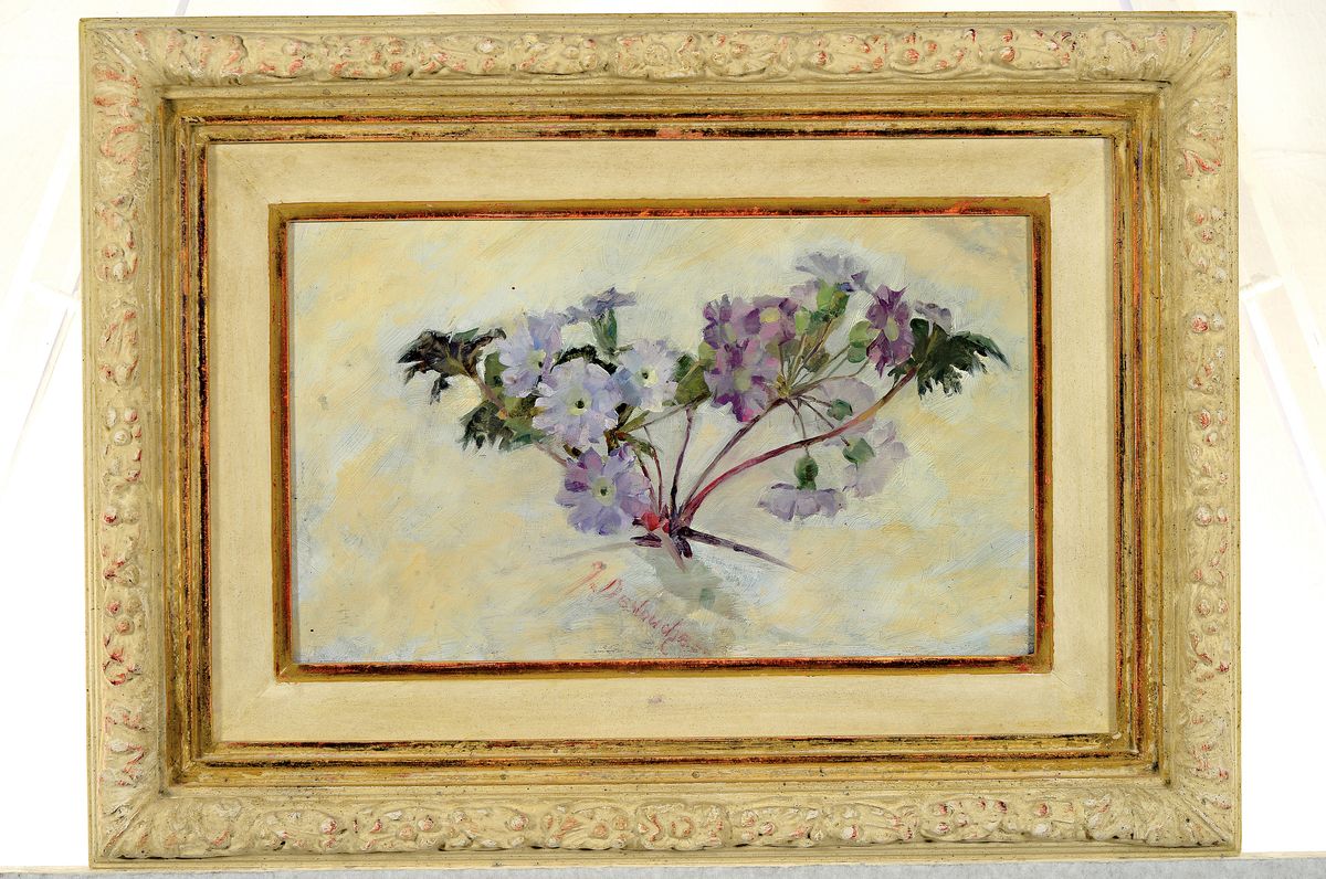 Detail k: Johanna von Destouches, 1869-1956 München, Blumenstillleben, Öl/Holz, signiert,, ca. 20 x32 cm, Rahmen ca. 35 x 47.5 cm