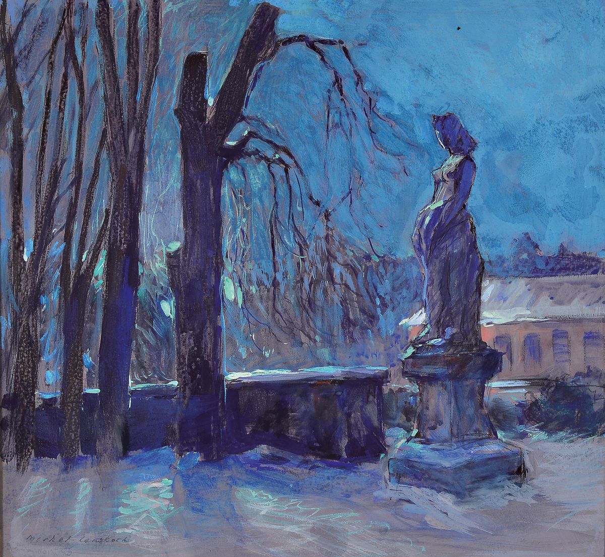 Adolf Merkel-Langkoch, geb. 1900 in Schwetzingen, wohl Winteransicht des Schwetzinger Schloßparks, Gouache/Papier, li. u. signiert, ca. 42 x 45 cm, ...