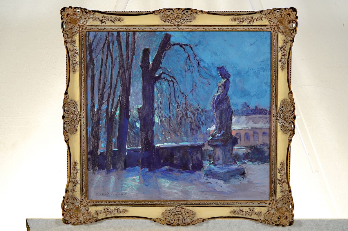 Detail k: Adolf Merkel-Langkoch, geb. 1900 in Schwetzingen, wohl Winteransicht des Schwetzinger Schloßparks, Gouache/Papier, li. u. signiert, ca. 42 x 45 cm, ...