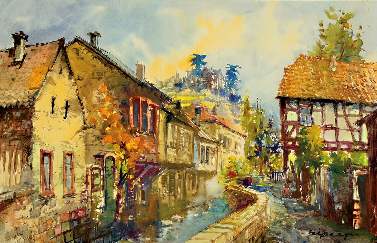 Heiner Deege, 1920 - 2007 Haßloch,, zwei Aquarelle, a. Fachwerkhäuser am, Bach, bunt, signiert, ca. 41 x 84 cm, b. Speyerer Rheinansicht mit Booten ...
