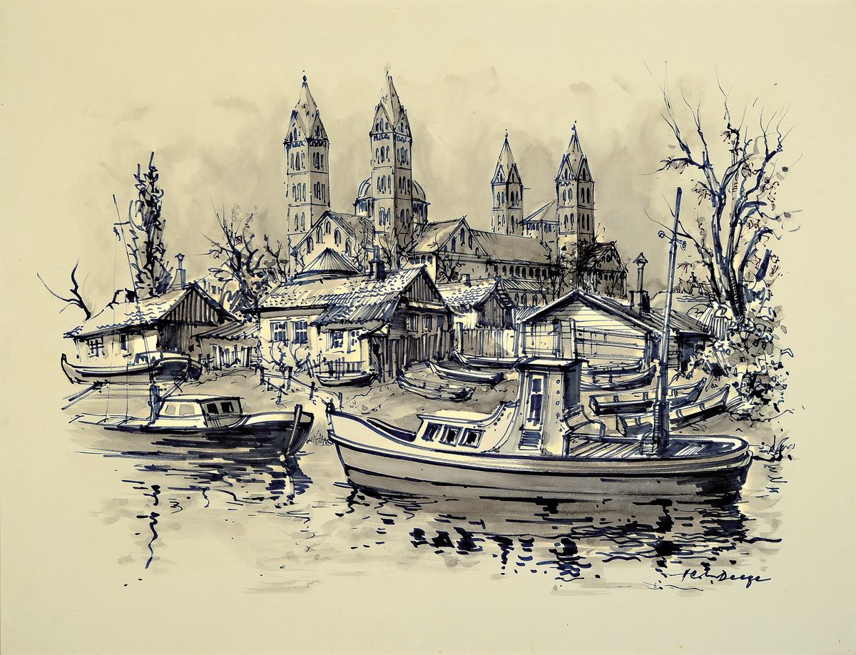 Detail a: Heiner Deege, 1920 - 2007 Haßloch,, zwei Aquarelle, a. Fachwerkhäuser am, Bach, bunt, signiert, ca. 41 x 84 cm, b. Speyerer Rheinansicht mit Booten ...
