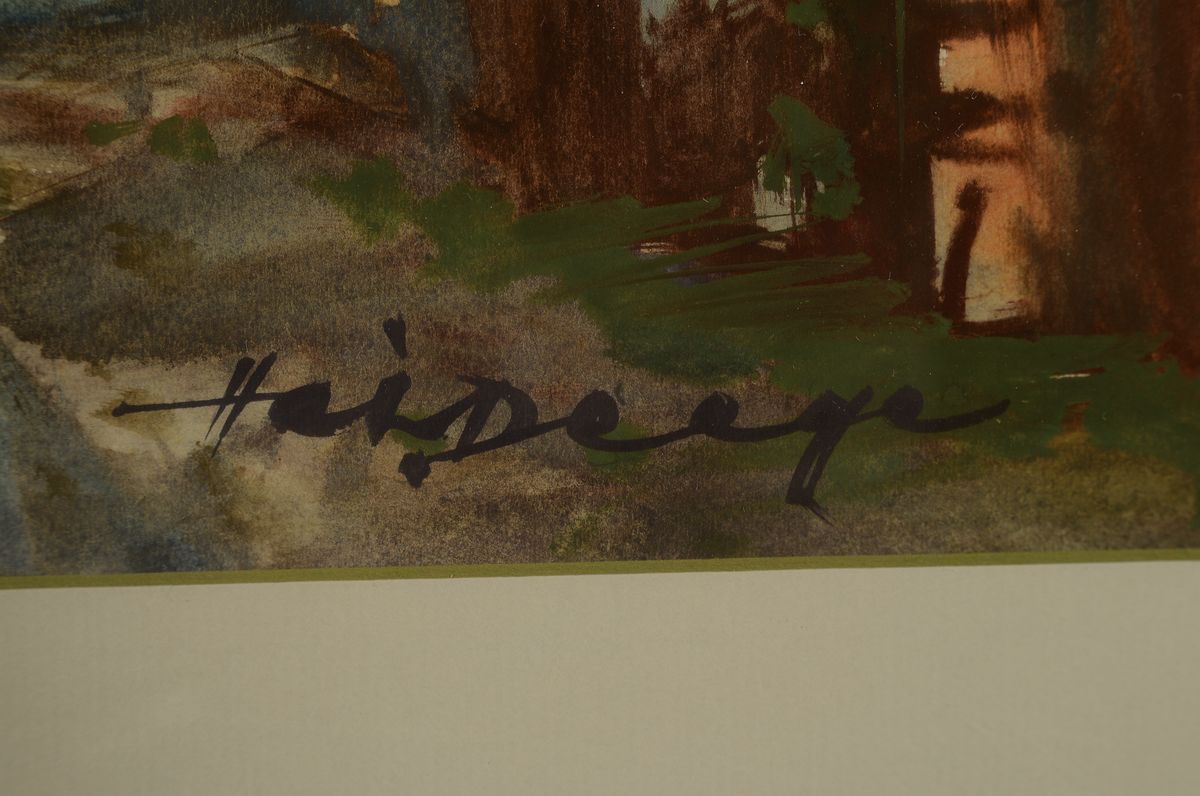Detail b: Heiner Deege, 1920 - 2007 Haßloch,, zwei Aquarelle, a. Fachwerkhäuser am, Bach, bunt, signiert, ca. 41 x 84 cm, b. Speyerer Rheinansicht mit Booten ...