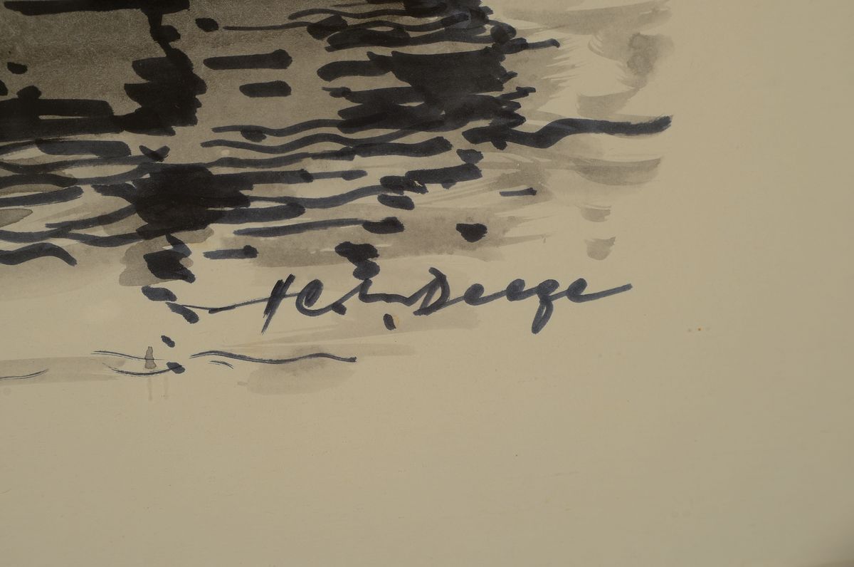 Detail c: Heiner Deege, 1920 - 2007 Haßloch,, zwei Aquarelle, a. Fachwerkhäuser am, Bach, bunt, signiert, ca. 41 x 84 cm, b. Speyerer Rheinansicht mit Booten ...