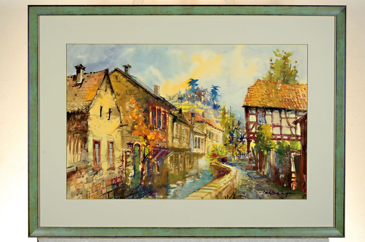 Detail k: Heiner Deege, 1920 - 2007 Haßloch,, zwei Aquarelle, a. Fachwerkhäuser am, Bach, bunt, signiert, ca. 41 x 84 cm, b. Speyerer Rheinansicht mit Booten ...