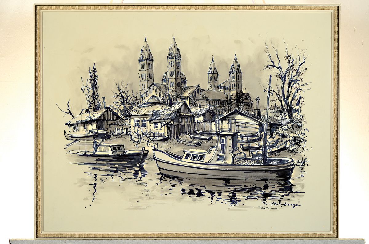 Detail l: Heiner Deege, 1920 - 2007 Haßloch,, zwei Aquarelle, a. Fachwerkhäuser am, Bach, bunt, signiert, ca. 41 x 84 cm, b. Speyerer Rheinansicht mit Booten ...