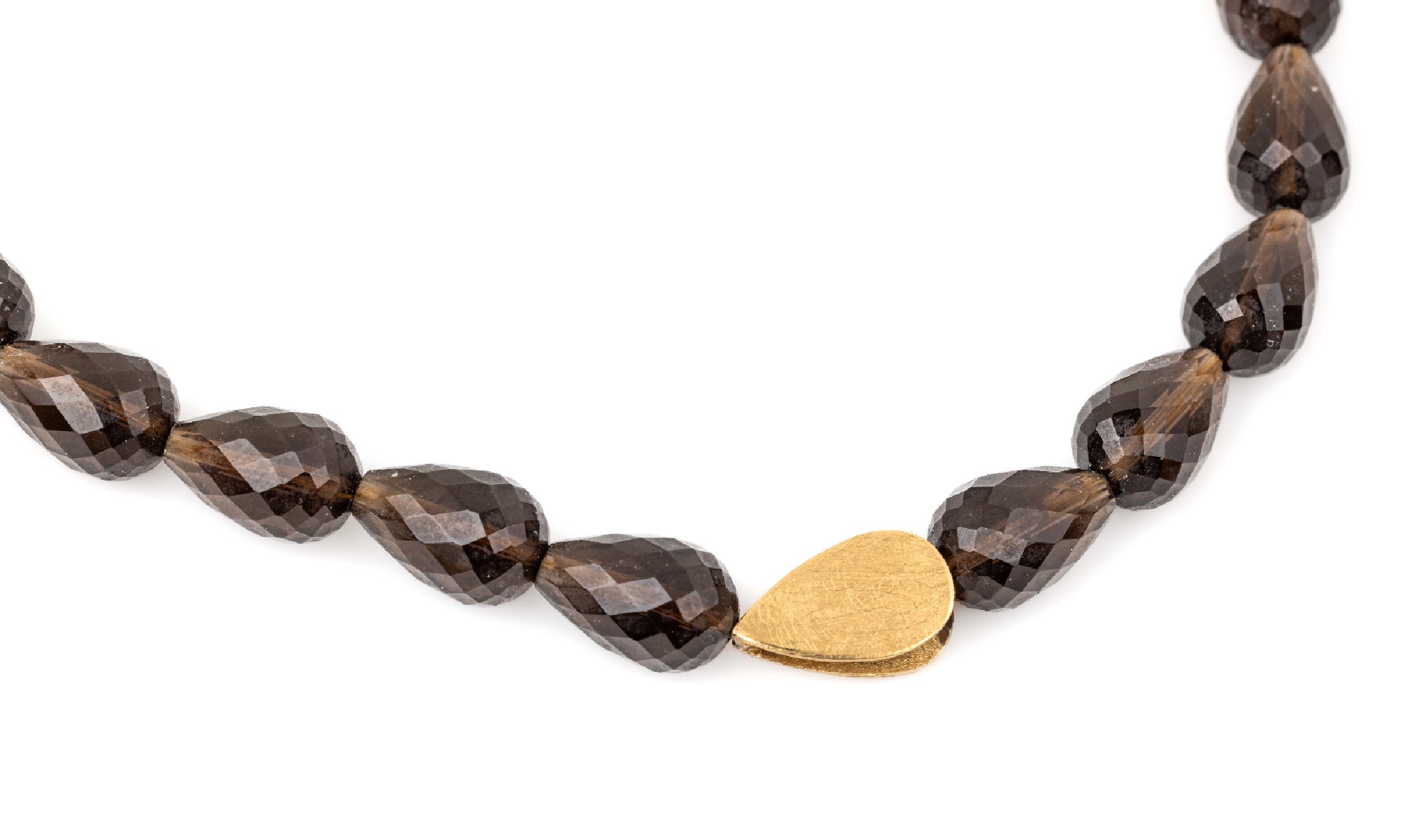 Rauchquarzcollier, GG 750/000, facett. Quarztropfen in versch. Größen, Zwischenteil und S-Schließe in GG matt., L. ca. 49 cm, Anfertigung lt. ...