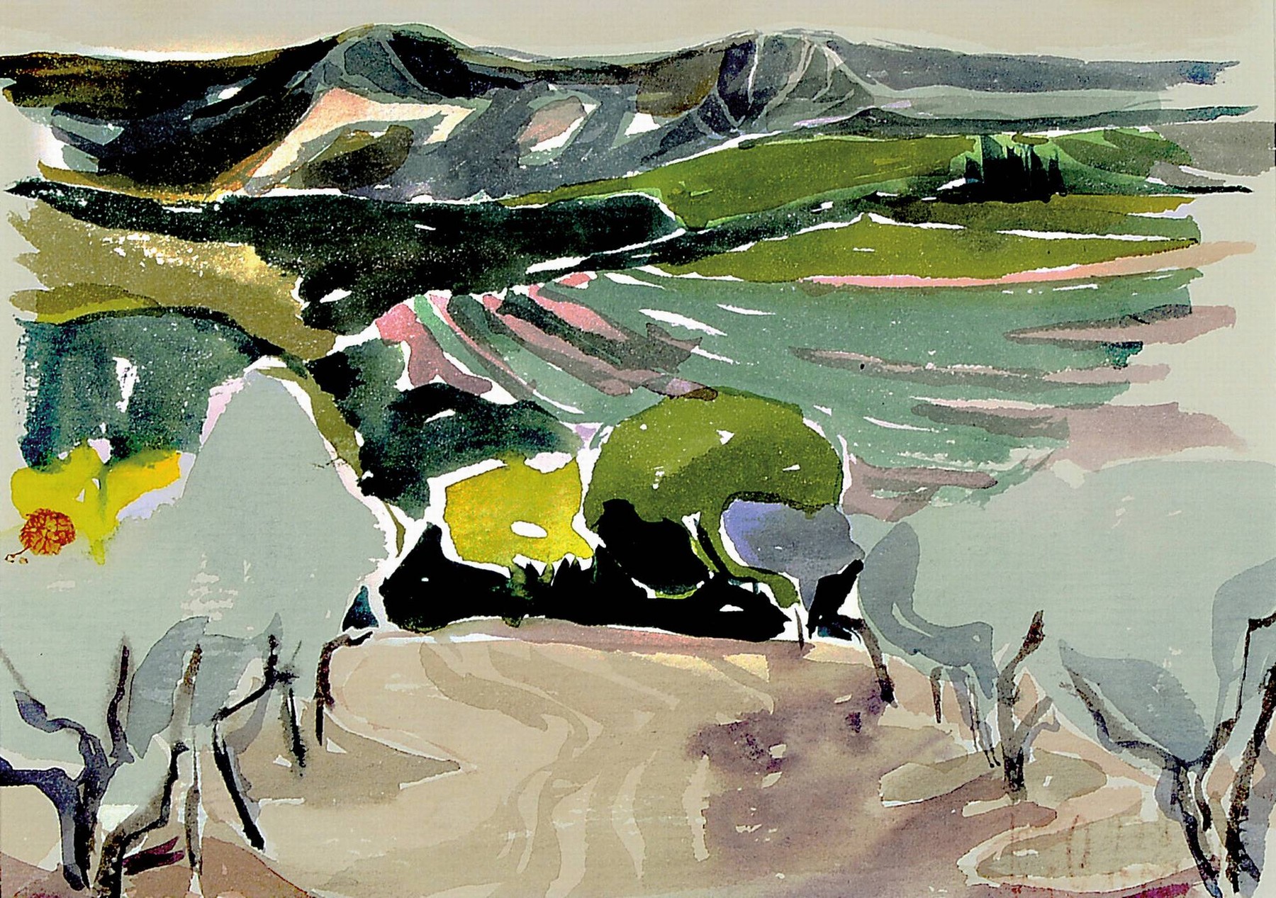 Detail a: Christel Abresch, 1931 Sulzbach - 2011, 6 Arbeiten, davon 3 Aquarelle Landschaften, signiert u. datiert 1968/75, unter Glas 33x36 -60x70 cm; und 3 ...