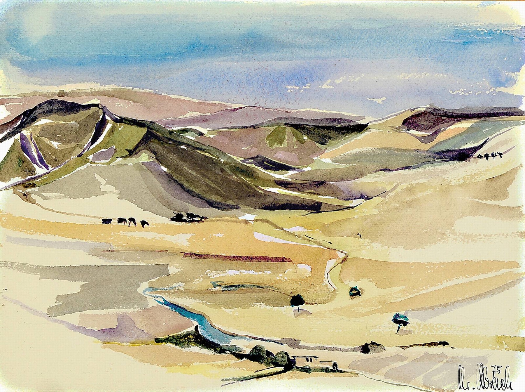 Detail b: Christel Abresch, 1931 Sulzbach - 2011, 6 Arbeiten, davon 3 Aquarelle Landschaften, signiert u. datiert 1968/75, unter Glas 33x36 -60x70 cm; und 3 ...