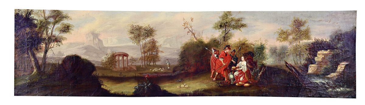 Unbekannter Maler, süddeutsch, um 1760, weite idealisierte Landschaft mit Ruinen und Pavillon, vier römische Soldaten erhalten Brot von einer ...